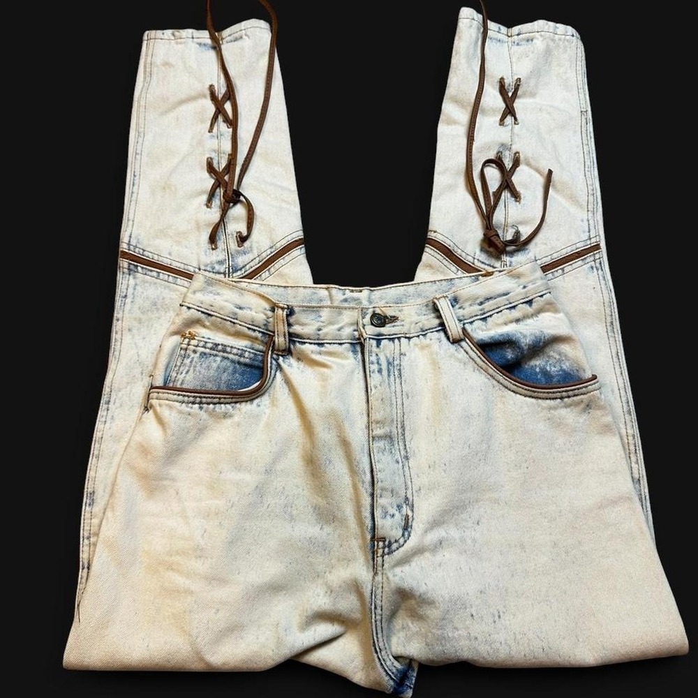 Vintage 80s acid wash western lace up cowgirl denim blue jeans size 13